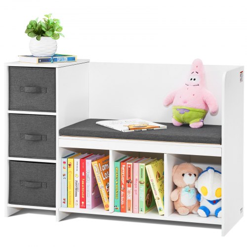 VEVOR Kids Reading Nook Bench, Toddler Bookshelf and Bookcase with Detachable Seat Cushion, 6-Cubby Storage Organizer Bench with 3 Drawers, Ideal for