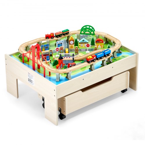 VEVOR Train Table, 100 Multicolor Pieces Wooden Kids Activity Table with Rolling Storage Drawer, 3-in-1 Wooden Train Set for Gaming, Drawing, Reading,