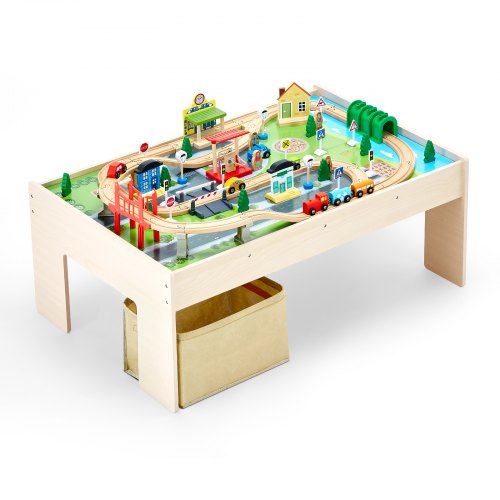 VEVOR Train Table, 84 Multicolor Pieces Wooden Kids Activity Table with Collapsible Storage Bin, 3-in-1 Wooden Train Set for Gaming, Drawing, Reading,