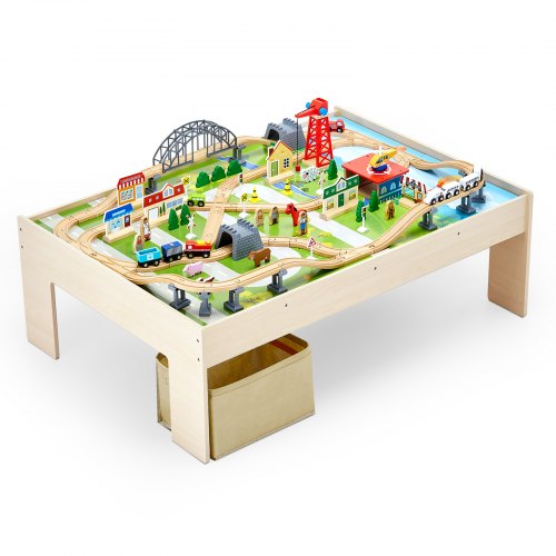 VEVOR Train Table, 120 Multicolor Pieces Wooden Kids Activity Table with Collapsible Storage Bin, 3-in-1 Wooden Train Set for Gaming, Drawing, Reading
