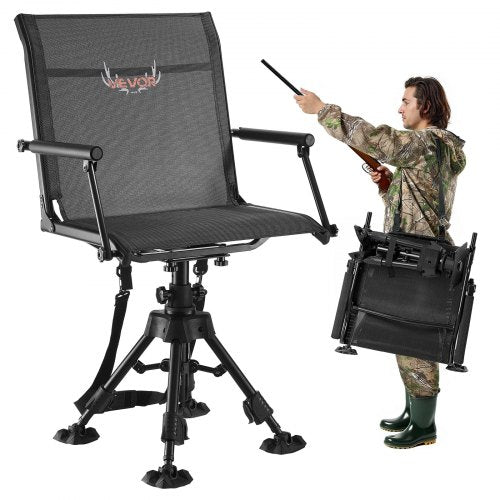 VEVOR Hunting Chair, 360° Silent Swivel, Foldable Portable Blind Chair, Heavy-Duty Steel Frame Ground Stool Seat with Armrests, Anti-Sink Feet, Height