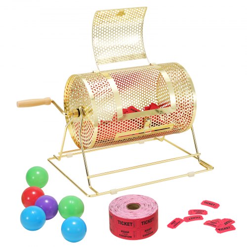 VEVOR Raffle Drum, 11.6 x Ø7.48 inch Brass Plated Raffle Ticket Spinning Cage, Holds 2500 Tickets or 100 Ping Pong Balls, Metal Lottery Spinning Drawi