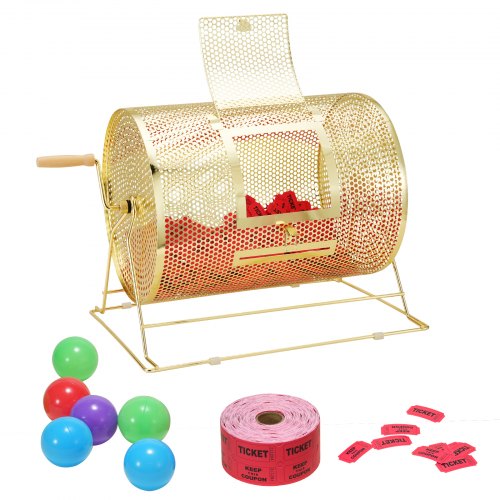 VEVOR Raffle Drum, 16.1 x Ø12 inch Brass Plated Raffle Ticket Spinning Cage, Holds 5000 Tickets or 200 Ping Pong Balls, Metal Lottery Spinning Drawing