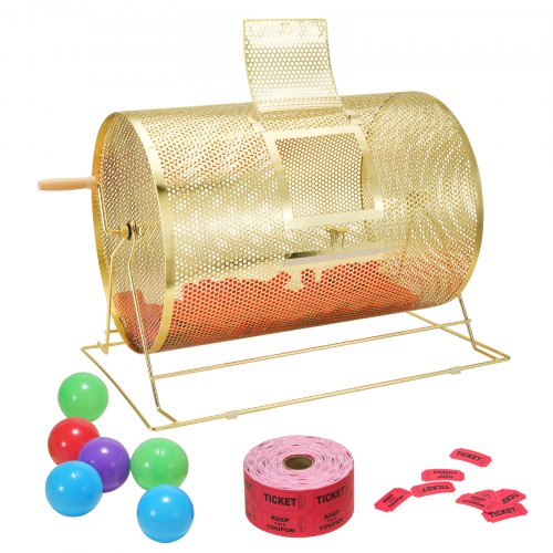 VEVOR Raffle Drum, 14.8 x Ø21.26 inch Brass Plated Raffle Ticket Spinning Cage, Holds 10000 Tickets or 300 Ping Pong Balls, Metal Lottery Spinning Dra