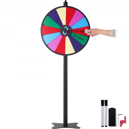 VEVOR 24 inch Spinning Prize Wheel, 14 Slots Spinning Wheel, Roulette Wheel with a Dry Erase and 2 Markers, Tabletop or Floor Standing Win Fortune Spi