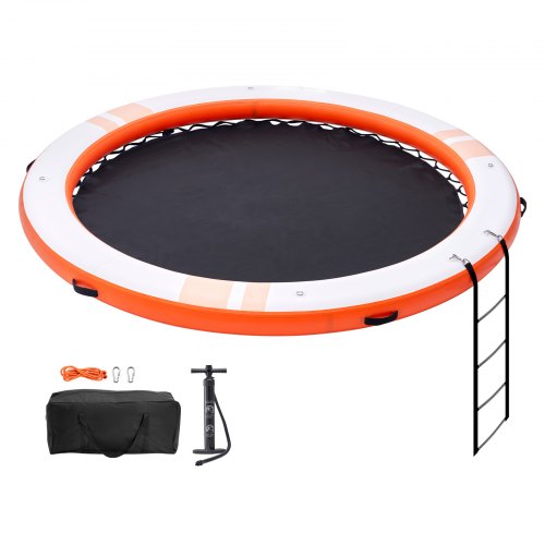 VEVOR Inflatable Floating Dock, ø8FT Inflatable Dock Platform with ø5FT Trampoline Mesh Pool, Non-Slip Floating Platform Water Mat with Portable Bag &