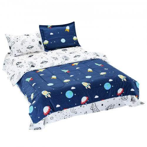 VEVOR Kids Comforter Set, 5 Pieces, Twin Bedding Sets with 1 Comforter, 1 Flat Sheet, 1 Fitted Sheet, 2 Pillowcases, Soft Microfiber & Space Printed,