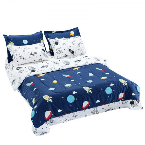 VEVOR Kids Comforter Set, 7 Pieces, Twin Bedding Sets with 1 Comforter, 1 Flat Sheet, 1 Fitted Sheet, 4 Pillowcases, Soft Microfiber & Space Printed,