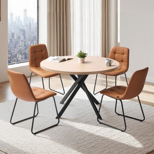 VEVOR 5-Piece Dining Table Set, Space-Saving Round Kitchen Table with 4 Upholstered Orange Chairs, PU Leather Cushions, Modern Wood-Tone Desk with Adj