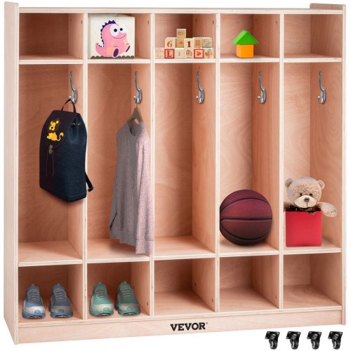 VEVOR Coat Locker, 5-Section Daycare Cubby Coat Rack 48×13×48 inch, Classroom Coat Locker and Backpack Hanger, with 5 Hooks and Storage Boxes, for Kin