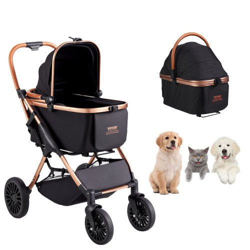 VEVOR Pet Stroller, 4 Wheels Dog Stroller Rotate with Brakes, 29.9 kg Weight Capacity, Puppy Stroller with Detachable Carrier, Storage Basket and Pet