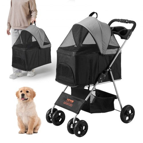 VEVOR Pet Stroller, 4 Wheels Dog Stroller Rotate with Brakes, 35lbs Weight Capacity, Puppy Stroller with Detachable Carrier, Storage Basket and Cup Ho