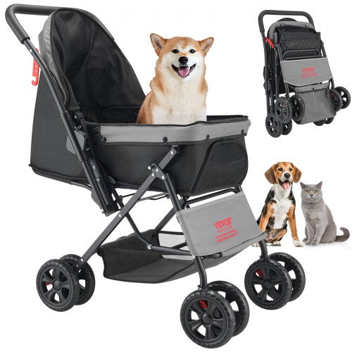 VEVOR Pet Stroller, 44 lbs Weight Capacity, Foldable Dog Stroller Cart, 4 Wheels Cats Stroller with Mesh Windows & Revrsible Handle, Portable Pet Carr