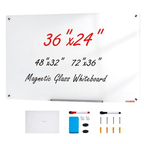 VEVOR Magnetic Glass Whiteboard, Dry Erase Board 900 x 600 mm, Wall-Mounted Large White Glassboard Frameless, with Marker Tray, an Eraser and 2 Marker