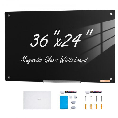 VEVOR Magnetic Glass Whiteboard, Dry Erase Board 36"x24", Wall-Mounted Large White Glassboard Frameless, with Marker Tray, an Eraser and 2 Markers, Bl
