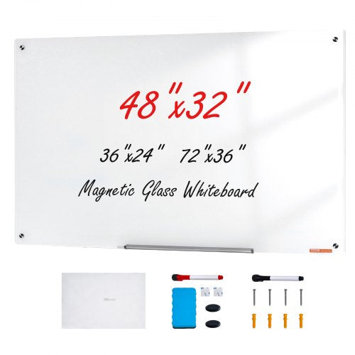 VEVOR Magnetic Glass Whiteboard, Dry Erase Board 48"x32", Wall-Mounted Large White Glassboard Frameless, with Marker Tray, an Eraser and 2 Markers, Wh
