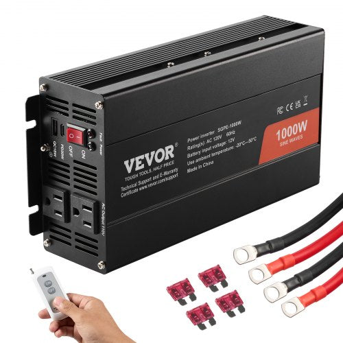 VEVOR Sine Wave Converter, 1000W, DC 12V to AC 120V, with Dual AC Sockets, 1 USB, 1 Type-C, Remote Operation for Portable Electronics, CE FCC Approved