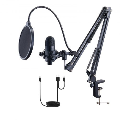 VEVOR USB Microphone, 192kHz-24-bit, Professional Condenser Microphone Kit, with Boom Arm Stand Pop Filter Shock Mount Mute Button Headphones Jack, fo