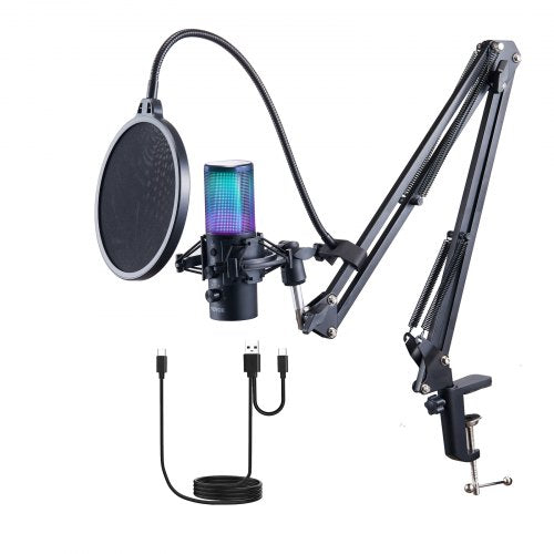 VEVOR USB Microphone, 192 kHz-24-bit, Professional Condenser Microphone Kit with Boom Arm Stand Pop Filter Shock Mount, 11 RGB Lighting Effects Mute B