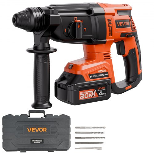 VEVOR 20V Brushless Cordless Hammer Drill, Lithium-Ion 1.1 Inch Rotary Hammer Driver, SDS-Plus Electric Lightweight Power Tool Kit with Battery and Ch