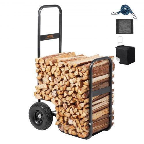 VEVOR Firewood Log Cart, 250 lbs Capacity, Outdoor and Indoor Wood Rack Storage Mover with PU Wheels & Waterproof Cloth, Heavy Duty Steel Dolly Hauler