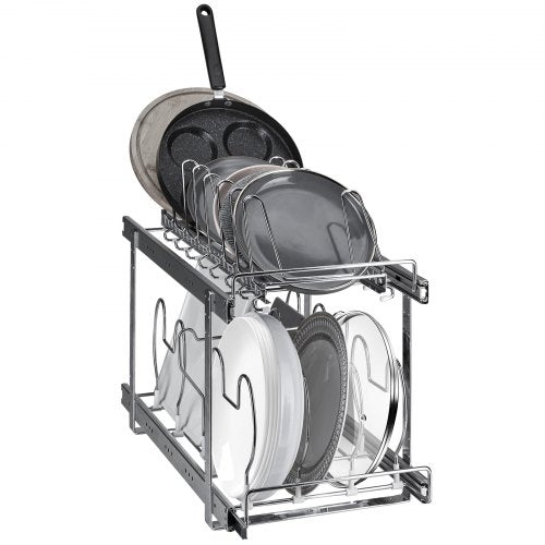 VEVOR Pan and Pot Rack, 2-Tier Expandable Pull Out Under Cabinet Organizer, Cookie Sheet Baking Pans Tray Racks, Adjustable Wire Dividers, Steel Lid H