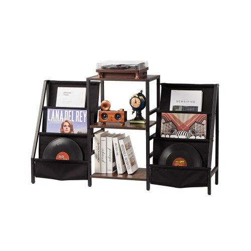 VEVOR Record Player Stand, 3 Tiers Metal Vinyl Record Stand, Turntable Stand with Record Holder Vinyl Display Shelf, Wooden Record Holder Ideal for Be