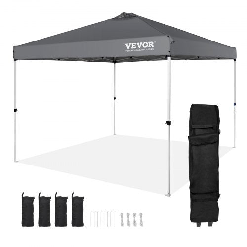 VEVOR Pop Up Canopy Tent, 10 x 10 ft, 250 D PU Silver Coated Tarp, with Portable Roller Bag and 4 Sandbags, Waterproof and Sun Shelter Gazebo for Outd