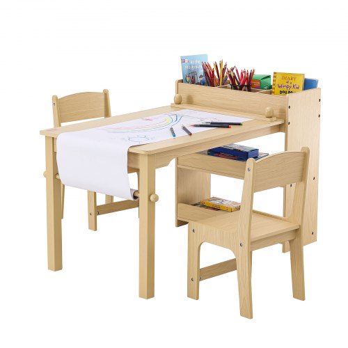 VEVOR Kids Art Table and 2 Chairs, 2-in-1 Toddler Craft and Play Activity Table, Wood Toddler Table and Chair Set with A Cabinet for Art, Craft, Readi