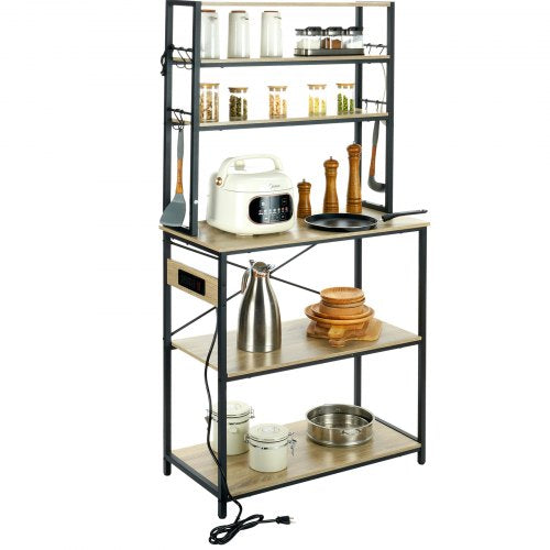 VEVOR Kitchen Baker's Rack with Power Outlets, 6-Tier Industrial Microwave Stand with Hutch & 6 S-Shaped Hooks, Multifunctional Coffee Station Organiz
