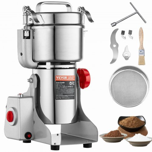 VEVOR 750g Electric Grain Mill Grinder, High Speed 2000W Commercial Spice Grinders, Stainless Steel Pulverizer Powder Machine, for Dry Grains Spices C
