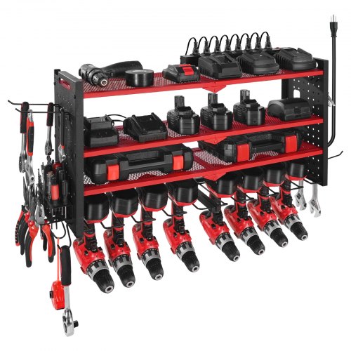 VEVOR Power Tool Organizer with Charging Station, 4-Layer Drill Storage Rack with 8 Drill Holders & Side Pegboard, Garage Tool Organizer Built in 8 Ou