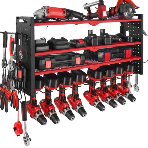 VEVOR Power Tool Organizer Wall Mount, 4-Layer Storage Rack with 8 Drill Holders, Tools Holder and Storage Rack with Side Pegboards, Garage Tool Organ