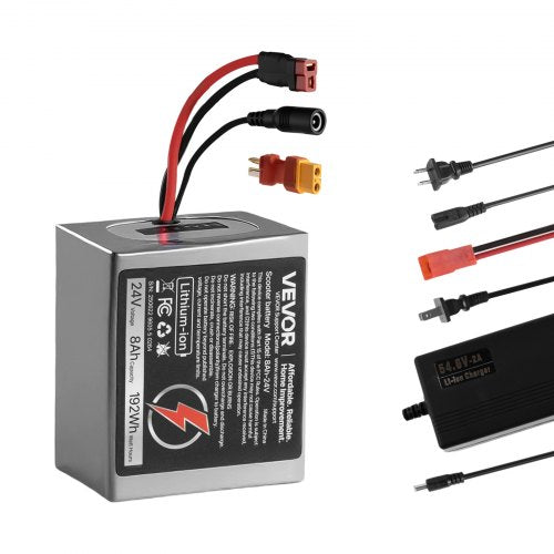 VEVOR 24V Electric Scooter Battery, 8Ah, Ebike Lithium Battery Pack with 30A BMS, Charger, T-Plug Expansion Cable, 500+ Cycles, Compatible with 1920W