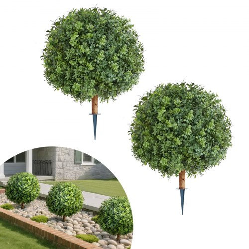 VEVOR Artificial Topiary Boxwood Trees with Ground Spike, 22 inch 2 Set Faux Shrubs & Bushes Potted Plants, Fake Silk Tree Look Real for Decor Front P