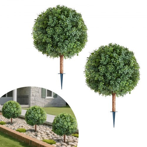 VEVOR Artificial Topiary Boxwood Trees with Ground Spike, 2 Set 686mm Faux Shrubs & Bushes Potted Plants, Fake Silk Tree Look Real for Decor Front Por
