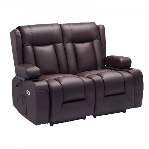 VEVOR Loveseat Recliner Sofa, Power Reclining Couch with Heating & Massage and Timer, PU Leather Electric Recliner Sofa with USB Ports, Cup Holders an