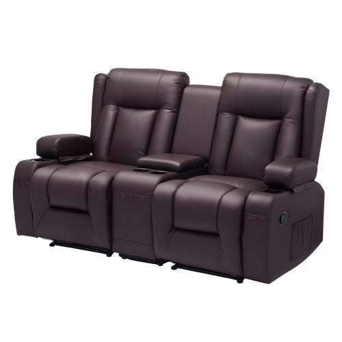 VEVOR Loveseat Recliner Sofa, Manual Reclining Couch with Center Console, PU Faux Leather Recliner Sofa with USB Ports, Cup Holders and Storage Bags,