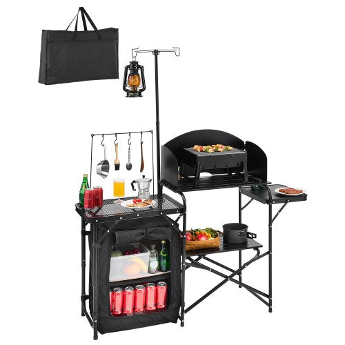 VEVOR Camping Kitchen Table, Outdoor Camp Cooking Table, Aluminum Portable Cook Station with Storage Cupboard, Carrying Bag, Detachable Windscreen, Qu