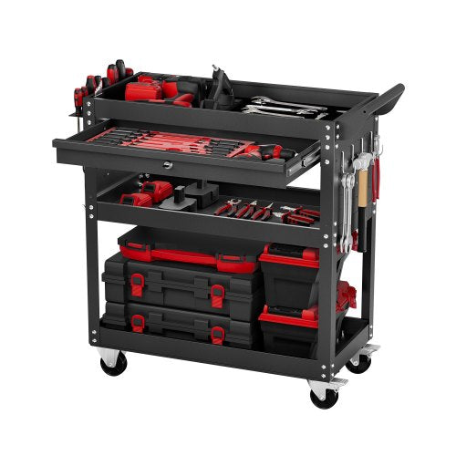 VEVOR 4-Tier Tool Cart with Wheels, 350 lbs Load Capacity, Rolling Work Cart with Drawer & Pegboard, Mechanic Tool Storage Organizer with Locking Syst