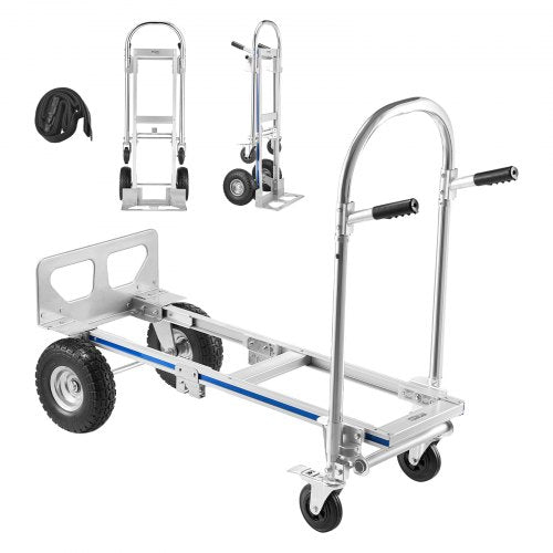 VEVOR 2 in 1 Hand Truck, 1000 lbs Load Capacity for 4-Wheel Mode, Convertible Hand Truck Dolly with Non-Slip Handle & Wheels, Portable Trolley Dolly f