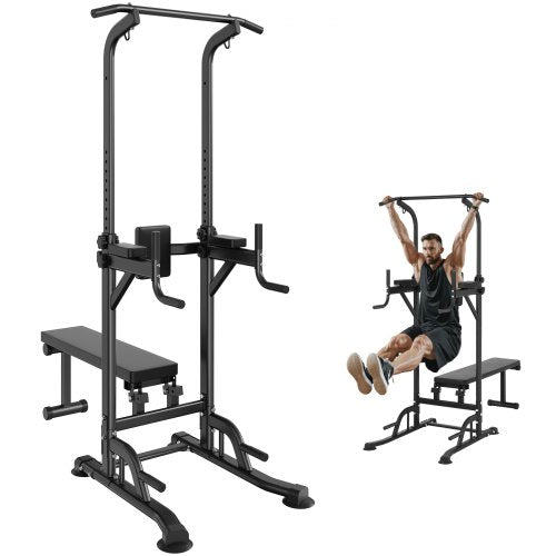 VEVOR Power Tower with Bench, 10-Level Height Adjustable Pull Up Bar Stand Dip Station & Detachable Bench, Multi-Function Home Gym Strength Training F