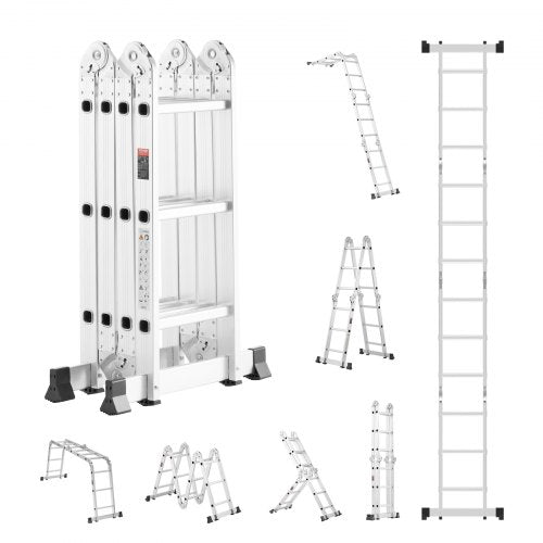VEVOR Multi-Purpose Folding Ladder, 7-in-1 Tall Step Ladder, A Frame 3 Step Adjustable Telescoping Ladder, 12ft Reach Height Heavy Duty Extension Ladd