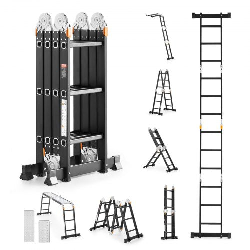 VEVOR Multi-Purpose Folding Ladder, 7-in-1 Tall Extension Step Ladder, A Frame 3 Step with Scaffolding Plank Telescoping Ladder, 12ft Reach Height Hea