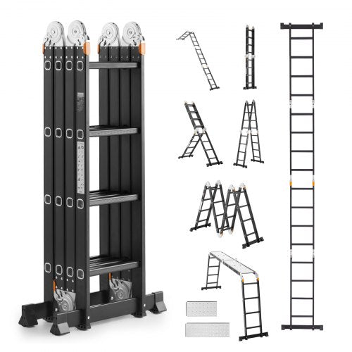 VEVOR Multi-Purpose Folding Ladder, 7-in-1 Tall Extension Step Ladder, A Frame 4 Step with Scaffolding Plank Telescoping Ladder, 15.5ft Reach Height H