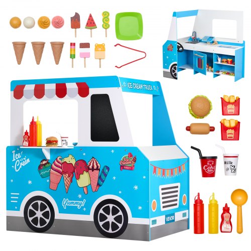 VEVOR Ice Cream Cart for Kids, 20+ PCS Ice Cream Truck Wooden Playset, Pretend Play Stand with Steering Wheel & Chalkboard, Payment Scanner & Freezer,