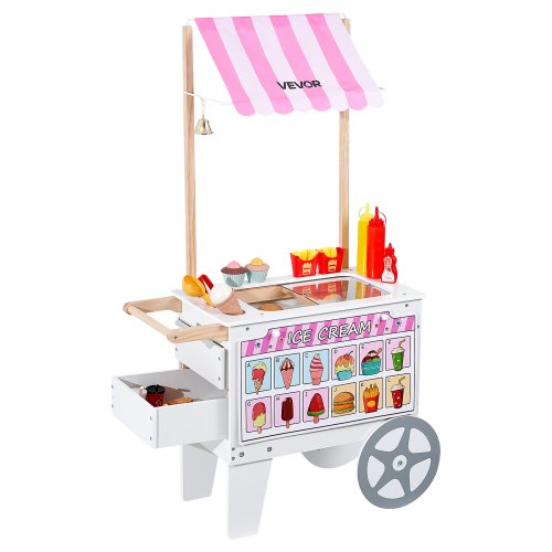 VEVOR Ice Cream Cart for Kids, 20+ PCS Accessories, Pretend Play Ice Cream Shop Kitchen Food Toys with Ice Cream Cone & Popsicle, Awning & Freezer, St
