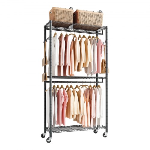 VEVOR Rolling Clothes Rack, Heavy Duty Clothing Garment Rack, 3 Adjustable Tiers Clothing Racks with Carbon Steel, 204 kg Load Capacity Closet Wardrob