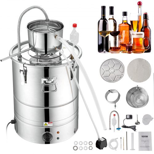 VEVOR Alcohol Still, 9 Gal 30L Water Alcohol Distiller, Home Distillery Kit include Stainless Steel Tube & Pump & One-way Exhaust Valve & Thermometer 