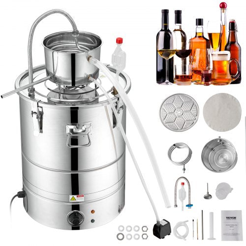VEVOR Alcohol Still, 9 Gal 30L Water Alcohol Distiller, Home Distillery Kit include Stainless Steel Tube & Pump & One-way Exhaust Valve & Thermometer